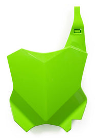 Acerbis green front number plate for motorcycles, featuring a sleek design and mounting holes for easy installation.