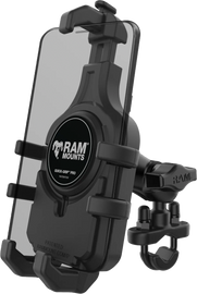 Ram Quick-Grip Pro Handlebar Phone Mount attached to a motorcycle handlebar with a smartphone secured in the mount.