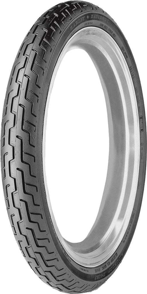 Dunlop Tire D402 front 130/70b18 63h bias tire with tread pattern, mounted on a wheel for motorcycle use.