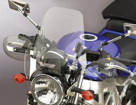 National Cycle Deflector Screen DX Clear 1-inch windshield mounted on motorcycle for wind protection and visibility.