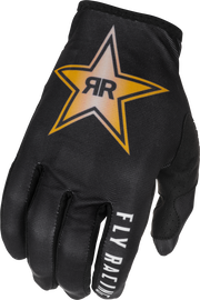 Fly Racing Lite Rockstar gloves in black and gold, showing the detailed textured palms and sleek design for motorcycle riding.
