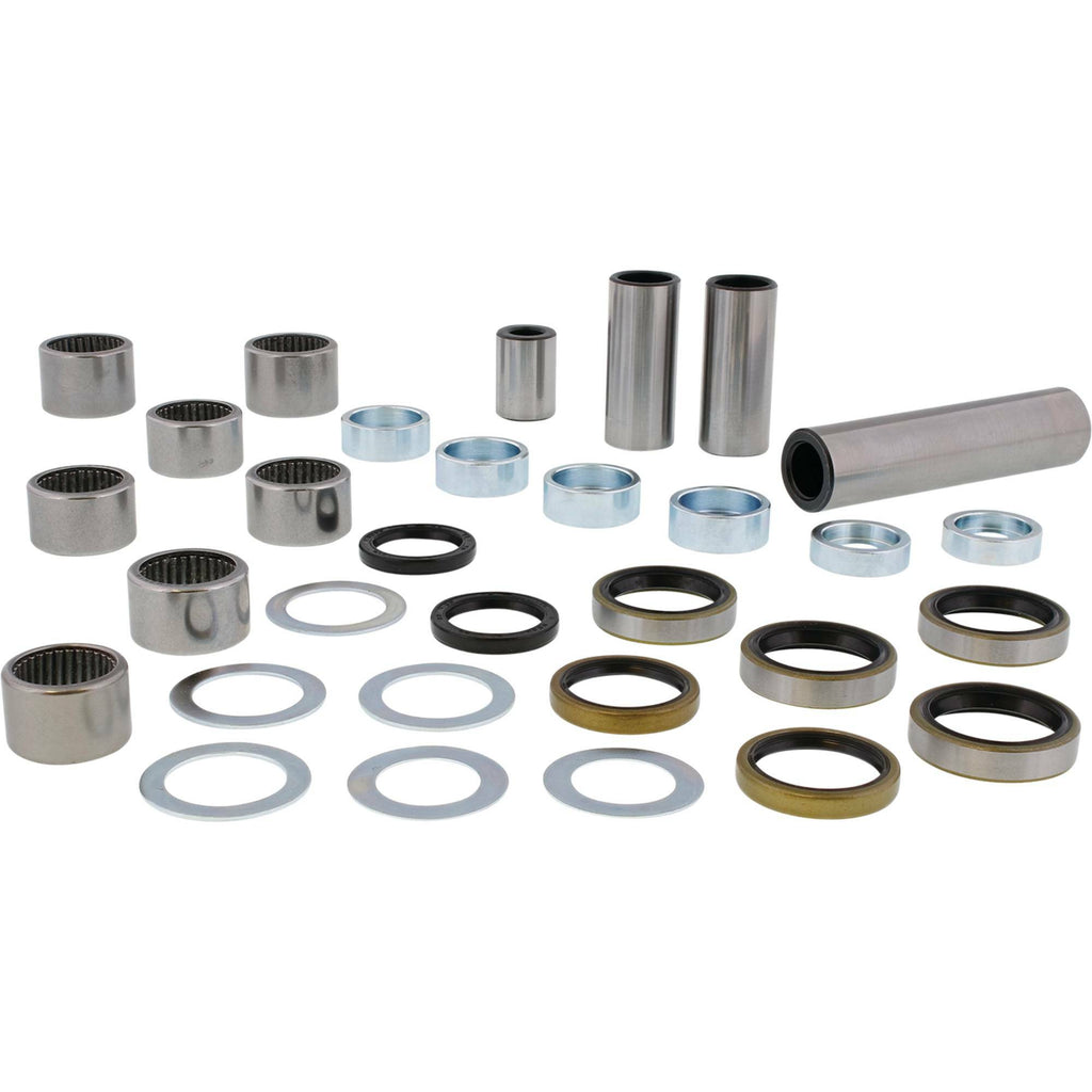 All Balls suspension linkage kit with bearings and seals, featuring various metal and rubber parts for suspension repair.