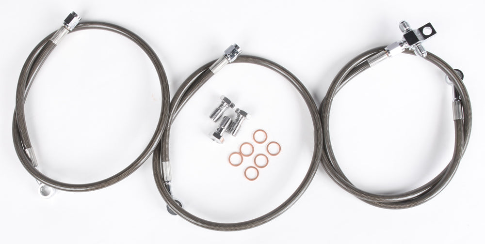 Streamline front brake line with three flexible lines and two fittings for Yamaha SMK+2 motorcycle, showing detailed metal connectors.