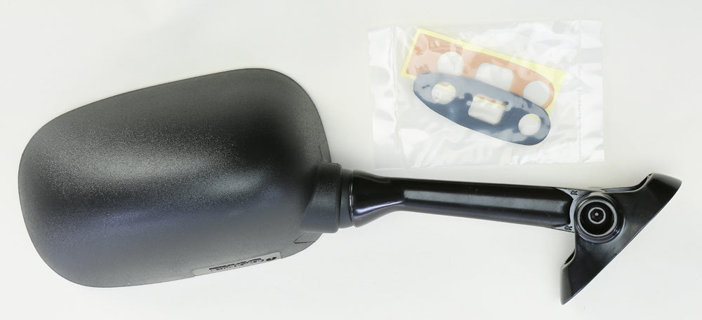 Black right-side motorcycle mirror by Emgo, designed for Suzuki models, with a sleek, reflective glass surface and durable mounting arm.