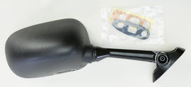 Black right-side motorcycle mirror by Emgo, designed for Suzuki models, with a sleek, reflective glass surface and durable mounting arm.