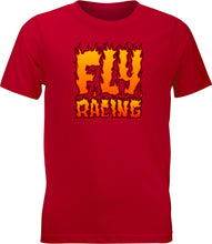 Load image into Gallery viewer, Fly Racing Youth Fly Fire Tee in red and yellow, casual t-shirt with bold graphic design, perfect for young motocross enthusiasts.