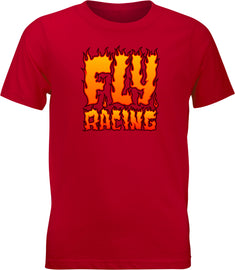 Fly Racing Youth Fly Fire Tee in red and yellow, casual t-shirt with bold graphic design, perfect for young motocross enthusiasts.