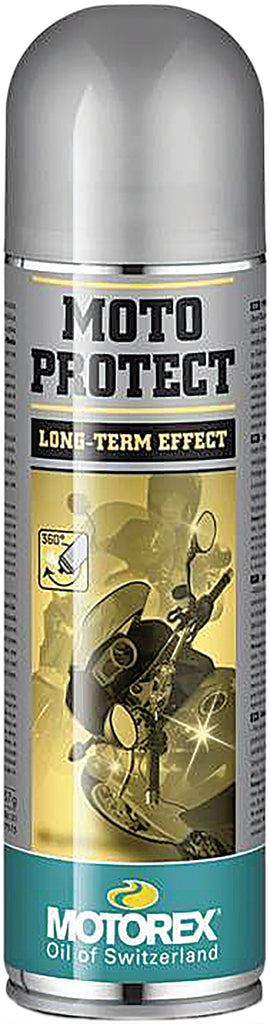 Motorex Moto Protect chemical bottle, 500ml, used for motorcycle maintenance, with label and safety instructions visible.