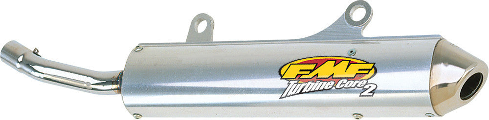 FMF Racing Turbinecore II spark arrestor exhaust installed on motorcycle with black and silver design, showing the product details.