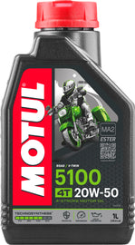 Motul 5100 4T 20W50 motorcycle engine oil bottle, 1 liter, with case of 12 bottles, in a retail display.
