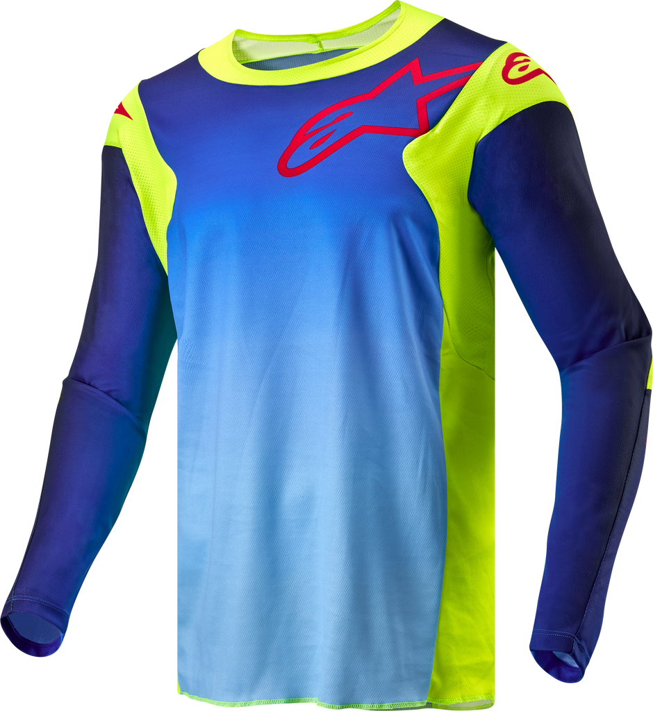 Alpine Star Racer Horn jersey in yellow fluo, blue, and night navy, large size, featuring vibrant color block design.