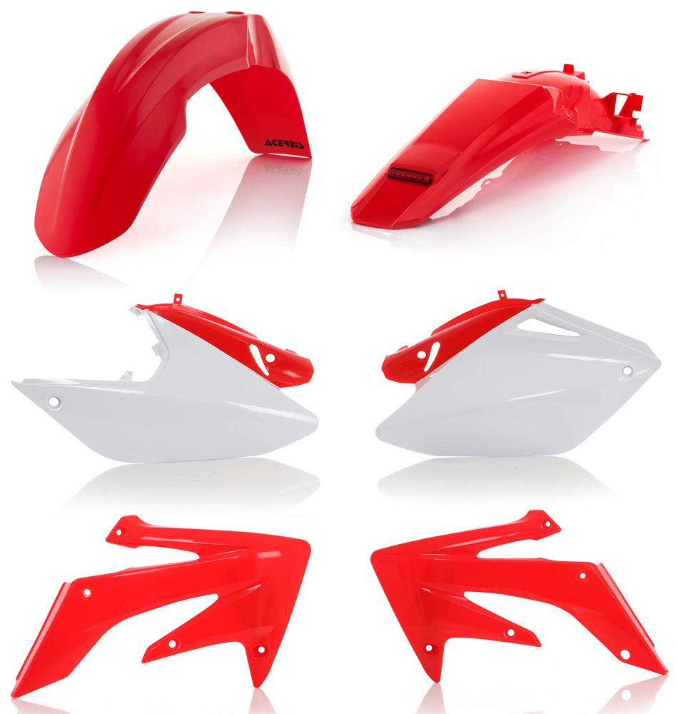 Red Acerbis plastic kit with various molded parts, designed for motorcycle or bike customization and repairs.