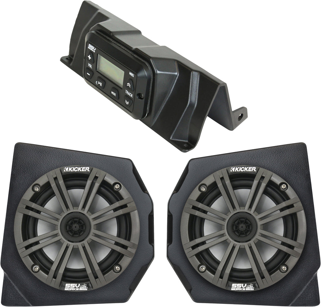 SSV Works 2 speaker kit installed in a vehicle, showing durable black speakers with mounting brackets for audio enhancement.