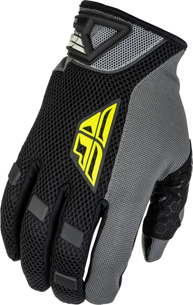 Fly Racing Coolpro Gloves in black and hi-vis colors, featuring lightweight design and adjustable wrist closures for motocross riding.