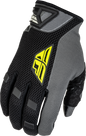 Fly Racing Coolpro Gloves in black and hi-vis colors, featuring lightweight design and adjustable wrist closures for motocross riding.