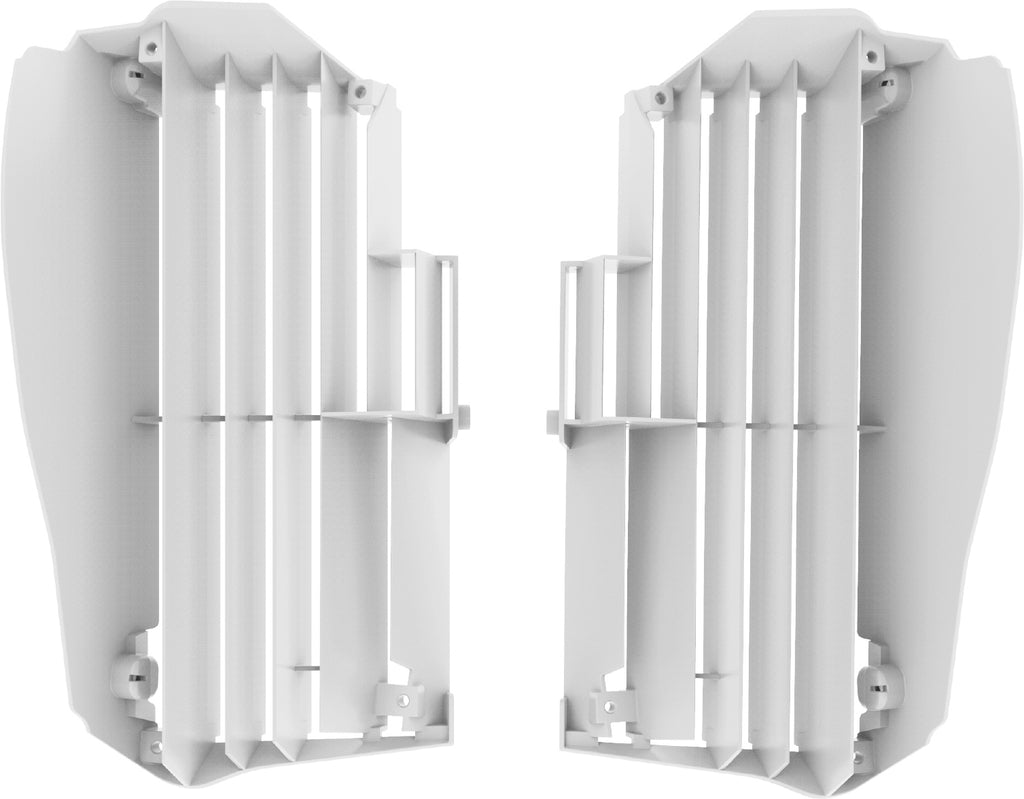 Polisport Plastics white radiator louvers for off-road vehicles, part number 64-56507, showing close-up of vent covers on vehicle radiator