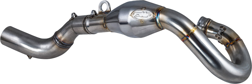 FMF Racing Megabomb header and mid pipe exhaust for KTM motorcycles, showcasing the shiny metal finish and mounting points.