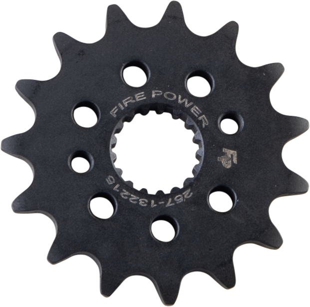 Steel Fire Power 15-tooth front CS sprocket, durable motorcycle chain sprocket with teeth, for enhanced power transfer.