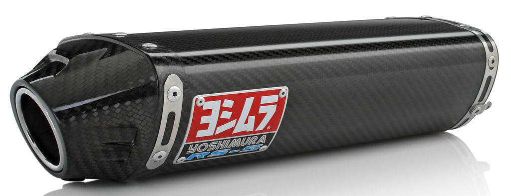 Yoshimura RS-5 Slip-On Exhaust with stainless steel and carbon fiber finish for motorcycle, showing the sleek exhaust pipe.