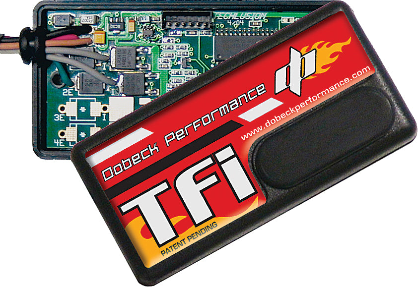 Dobeck Performance TFI V-Rod engine management module installed on motorcycle engine, showing control unit with wiring.