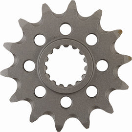 Supersprox steel front CS sprocket 14-tooth for 520 chain, compatible with Beta, Husqvarna, KTM motorcycles, shown mounted on bike.