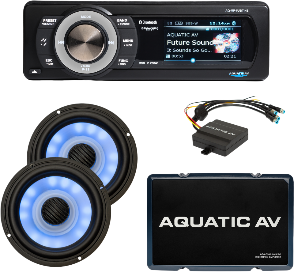 Aquatic AV Ultra Harley Package for 1998-2013 Harley Flt/Flh motorcycle, audio, visual, and communication system components.