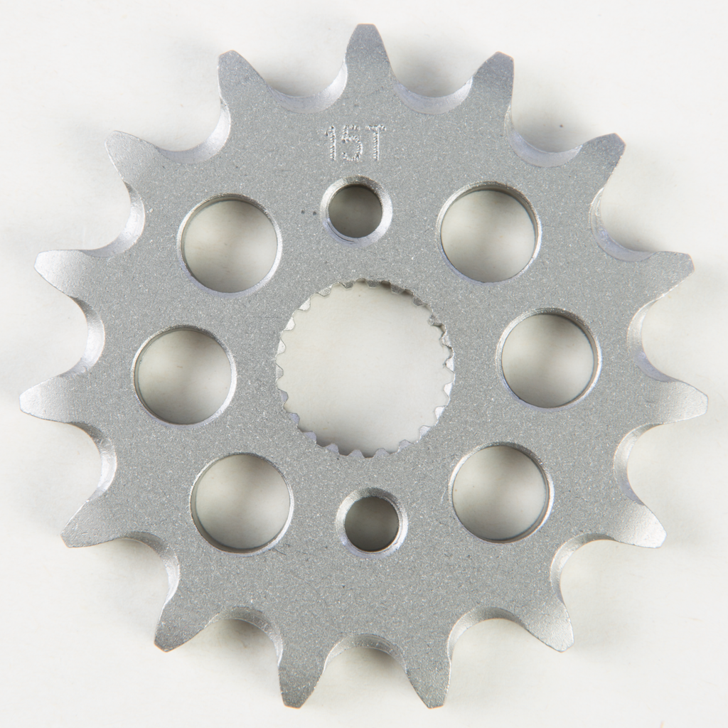 Steel Fire Power Front CS Sprocket 15T-420 Hon with gear teeth and mounting holes, designed for motorcycle drivetrain.