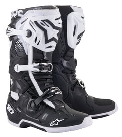 Alpine Star Tech 10 motorcycle boots in black and white, size 13, showing the sturdy design and brand logo.