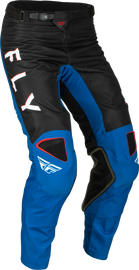 Fly Racing Kinetic Kore Pants in blue and black, size 40, featuring durable fabric and adjustable waist for motocross riding.