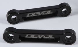 Devol Suspension Lowering Link Pull-Rod 1 inch, shown in black with metal components for vehicle suspension modification.