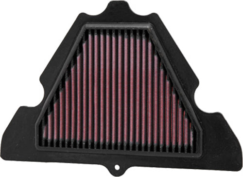 K&N Air Filter 741010 for vehicle, features a black rectangular filter with a metal mesh frame and pleated filtering material.