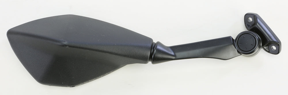 Emgo right side motorcycle mirror with black housing and adjustable arm, mounted on a reflective glass surface.