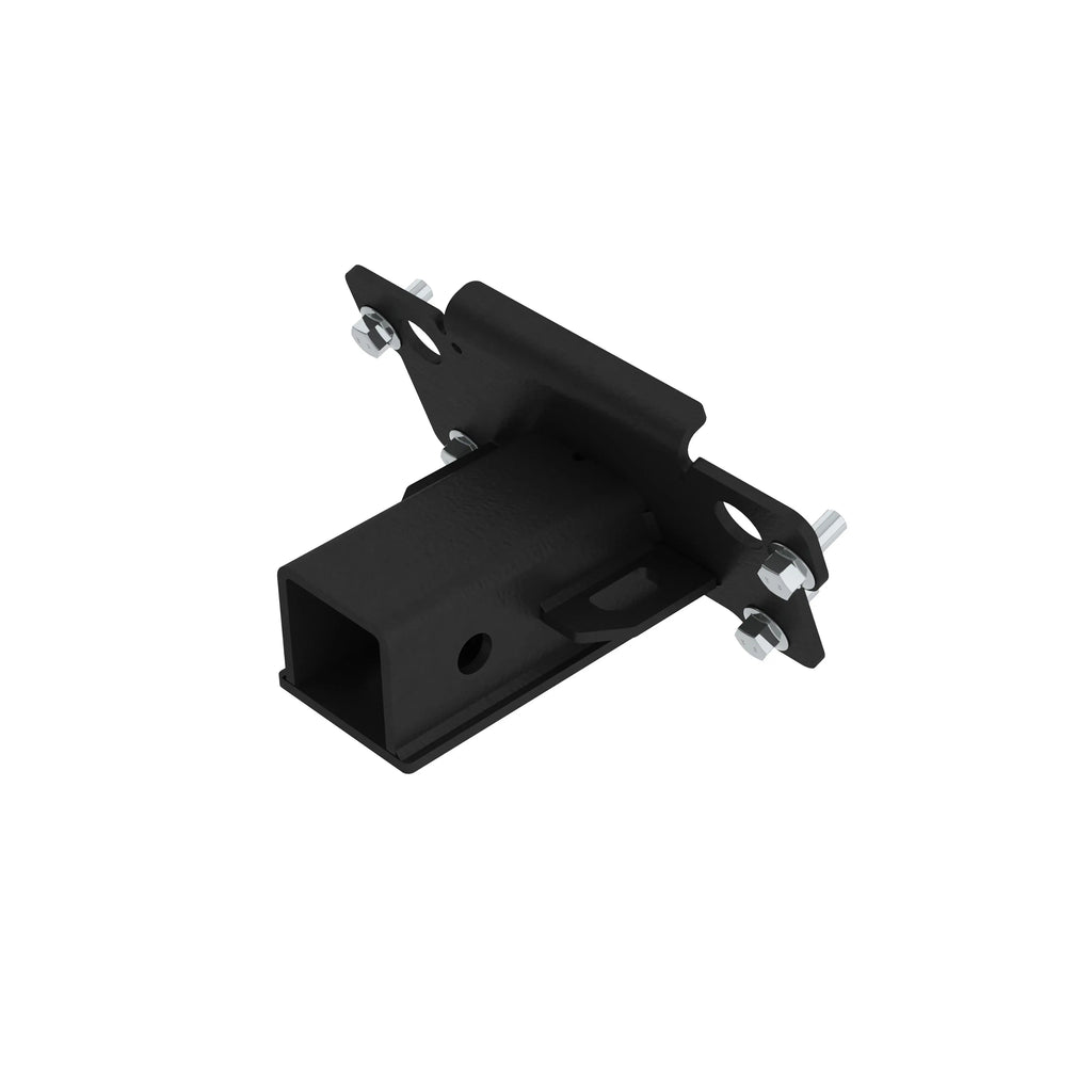 Black Kolpin UTV 2-inch front receiver hitch mounted on a vehicle, showcasing durable steel construction and secure attachment points.