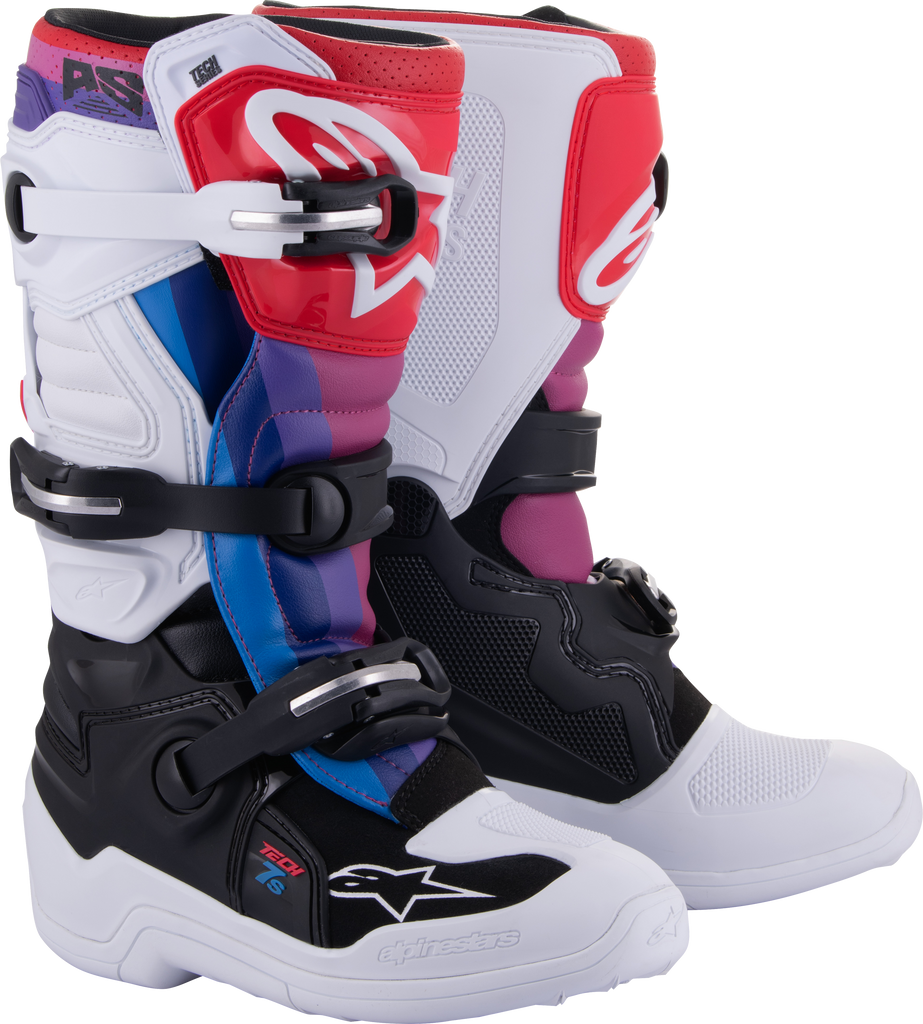 Alpine Star Tech 7s motocross boots in white, black, and rainbow colors, size 8, with reinforced ankle and durable construction.