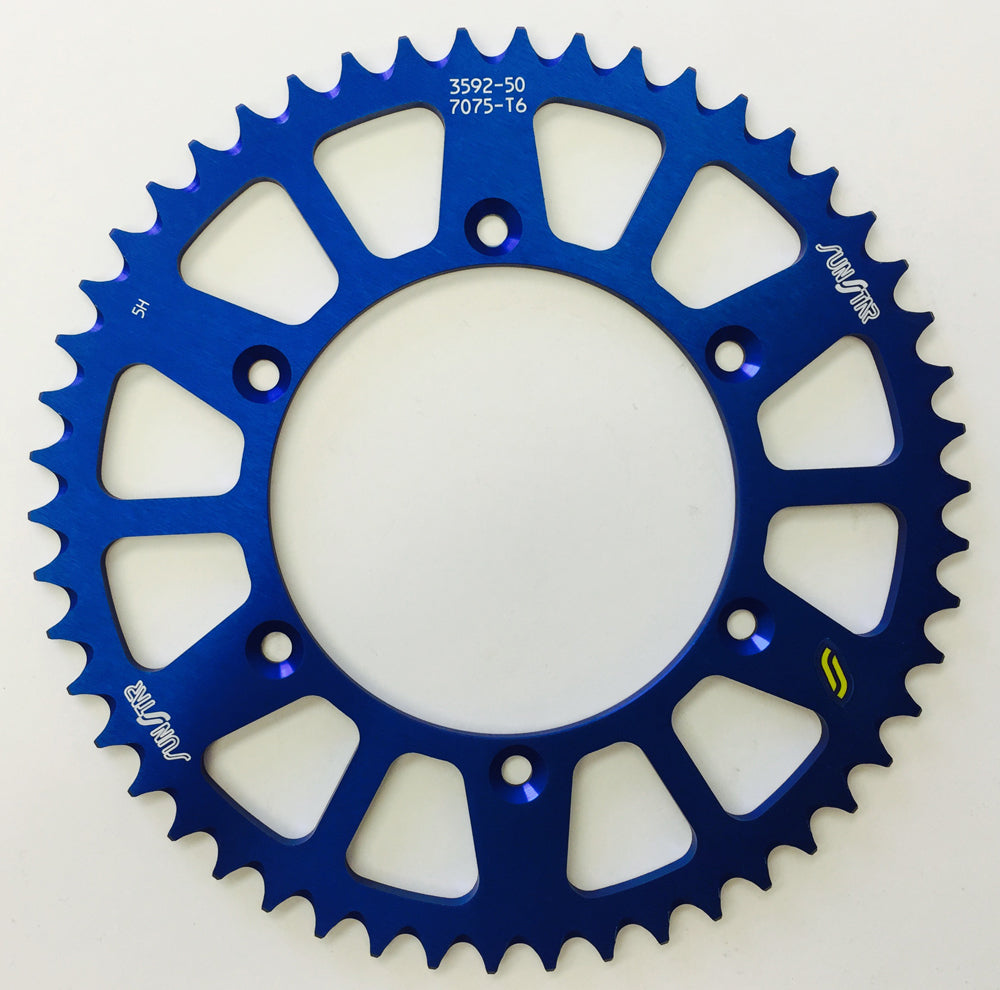 Sunstar aluminum rear sprocket 50t-520 for Yamaha YZ250 motorcycle, blue finish, durable alloy construction.
