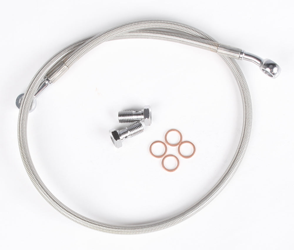Streamline rear Yamaha brake line with standard+4 fittings, showing the flexible brake hose and metal connectors for Yamaha motorcycles.