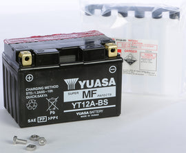 Yuasa YT12A-BS maintenance-free motorcycle battery with case and terminals, showing the compact design and label on the top.