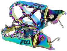 Load image into Gallery viewer, Flo Motorsports Pro Series Foot Pegs Jet Fuel for motorcycles, showing durable metal foot controls with textured surfaces for grip.