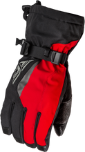 Load image into Gallery viewer, Fly Racing Title Gauntlet Gloves in black and red, medium size, showing the textured fabric and secure wrist closure.