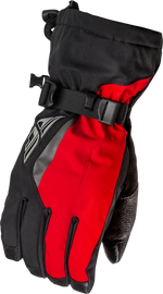 Fly Racing Title Gauntlet gloves in black and red with padded palms and adjustable wrist straps, designed for motocross riding.