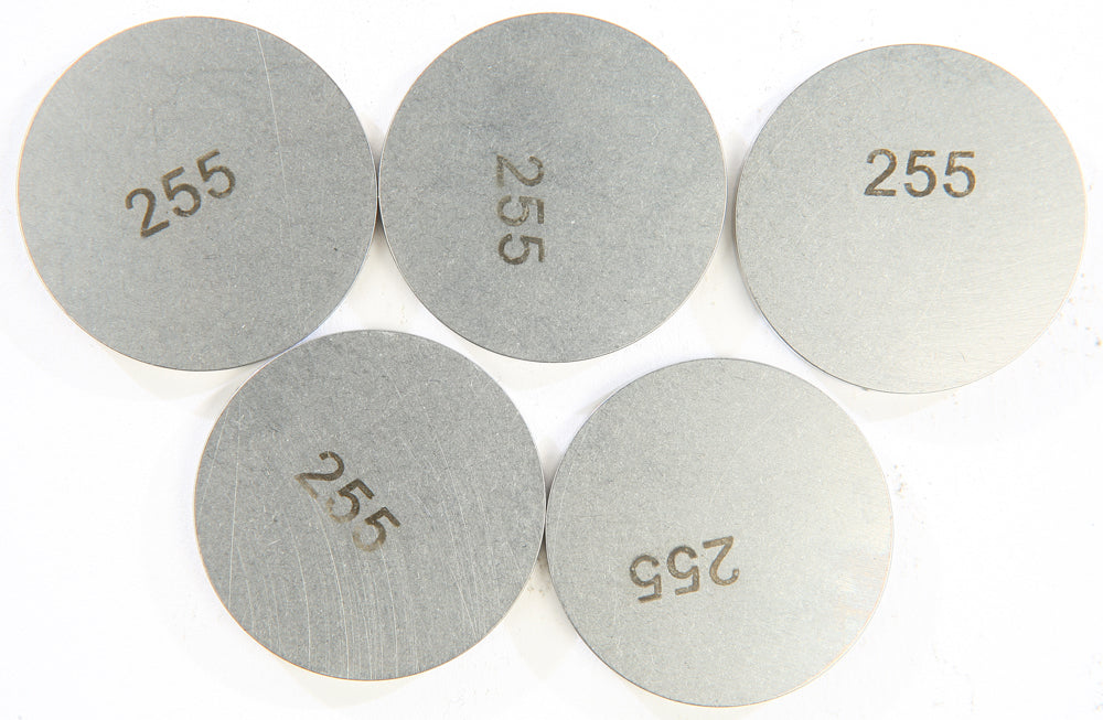 K&L engine valve shims, 2.55mm x 29.5mm, pack of 5, close-up showing shiny metal surface and precise dimensions.
