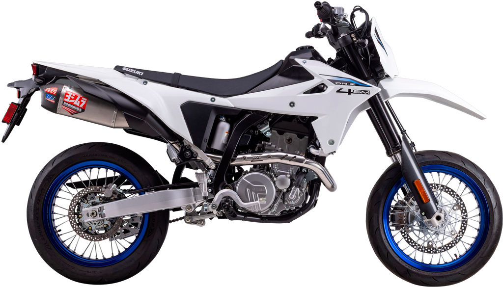 Yoshimura Race RS-12 full exhaust system with stainless steel finish for Suzuki motorcycles, featuring sleek design and performance parts.
