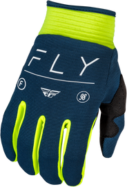 Fly Racing Youth F-16 gloves in navy, hi-vis, and white with padded palms and adjustable wrist straps for motorcycle riding.