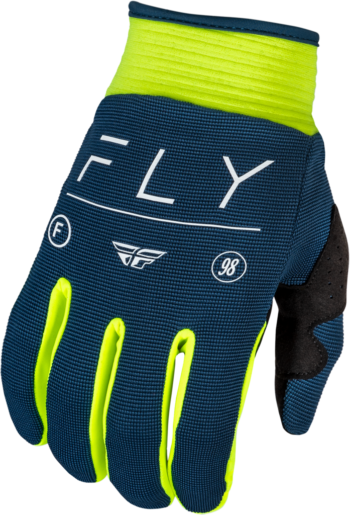 Fly Racing F-16 motorcycle gloves in navy, hi-vis, and white, showing the padded knuckles and adjustable wrist strap.