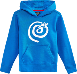 Bright blue Alpine Star Kids Mantra Hoodie, size medium, showing front view with logo and soft fabric texture.