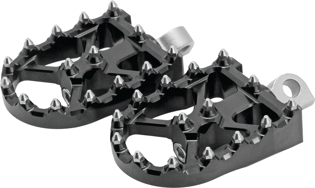 Black Flo Motorsports BMX style foot pegs with metal pins and textured surface for grip, designed for BMX bikes.