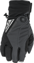 Load image into Gallery viewer, Fly Racing Title Heated Gloves in black and grey, showing the insulated gloves with control buttons for heat settings.