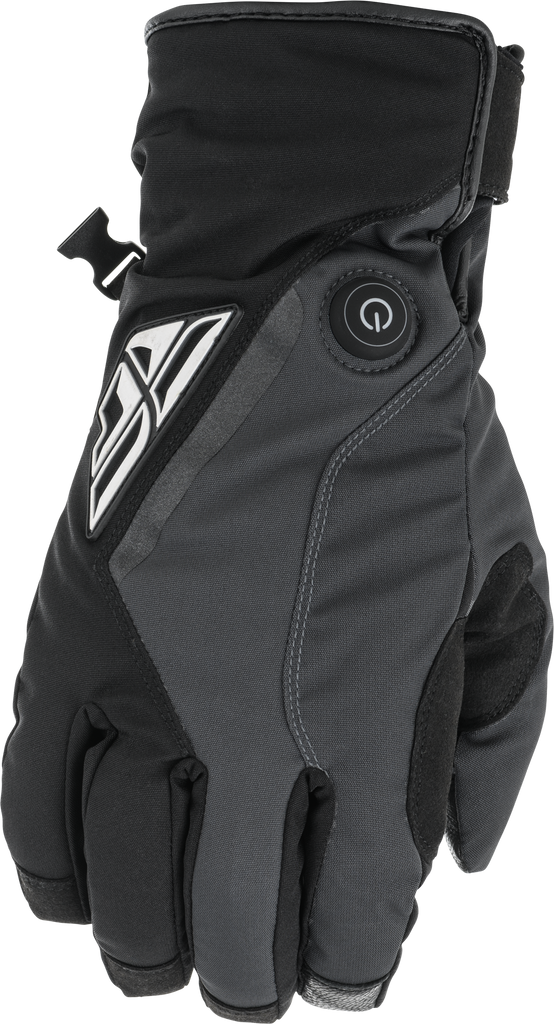 Fly Racing Title Heated Gloves in black and grey, size XL, featuring insulated design with heating elements for cold weather riding.