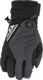 Fly Racing Title heated gloves in black and grey, showing the insulated design and touchscreen-compatible fingertips.