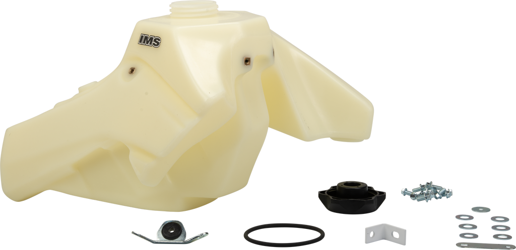 IMS Fuel Tank Natural 2.4 Gal with black cap, made of durable plastic, designed for efficient fuel storage and transportation.